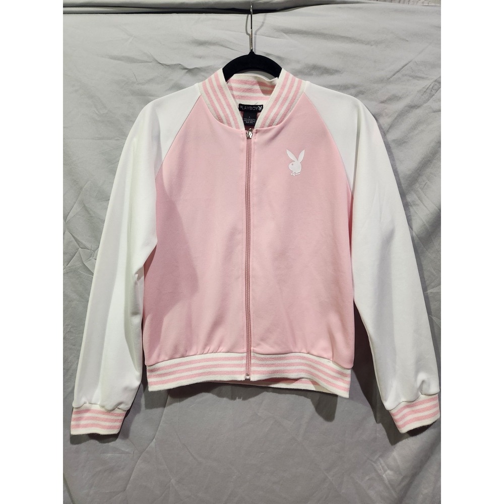 Playboy Track Jacket Women Large Pink White Excellent Bomber Bunny Logo Zip Up
